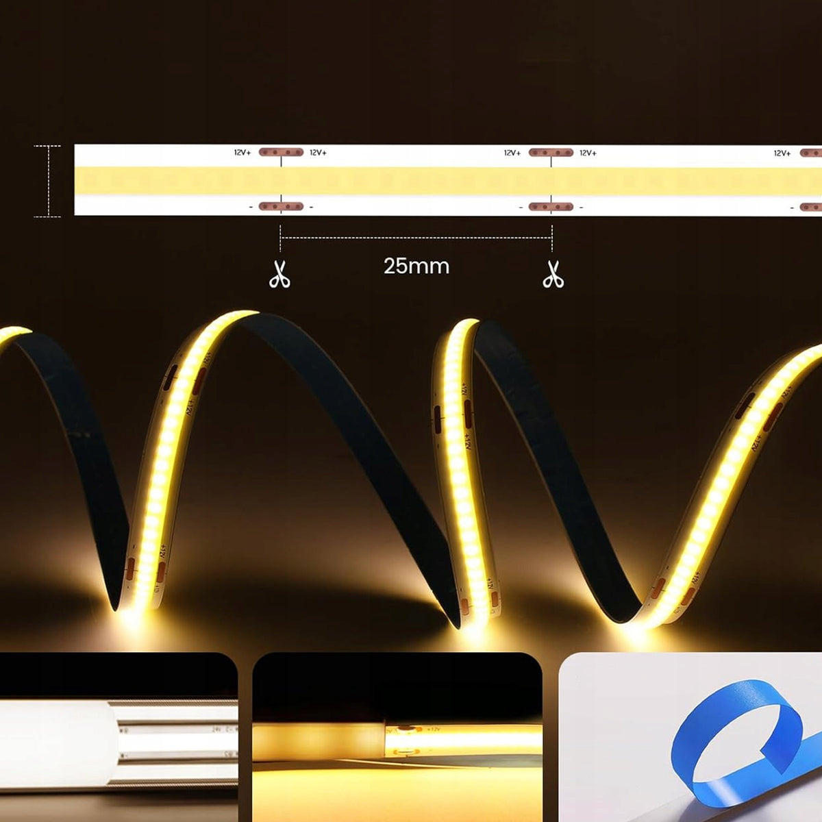 Bílý LED pásek 12 V, 10 W, 1100 lm, 1 m – teplá bílá