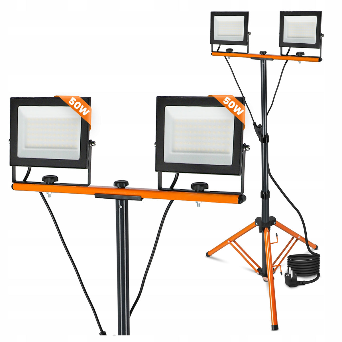 LED pracovní reflektor na stativu 2 × 50 W, 2 × 5500 lm, 4500 K, IP65, 14 × 11,5 cm