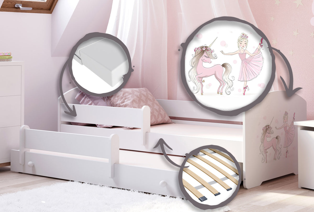 Dětská postel se dvěma lůžky LUK 160 × 80 cm s úložným šuplíkem a ochrannou zábranou – motiv dívka s jednorožcem