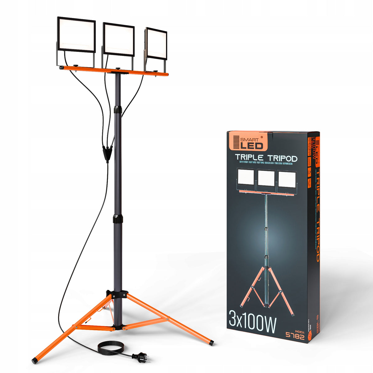 LED pracovní reflektor na stativu 3 × 100 W, 33 000 lm, 4500 K, IP65, výška 180 cm