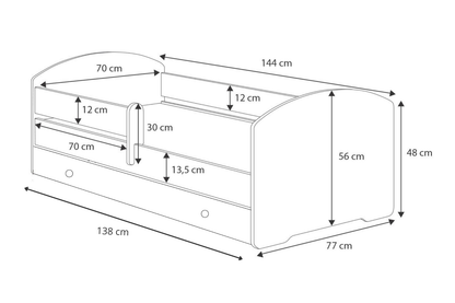 Dětská postel LUK 140 × 70 cm s úložným šuplíkem a ochrannou zábranou – motiv bagr