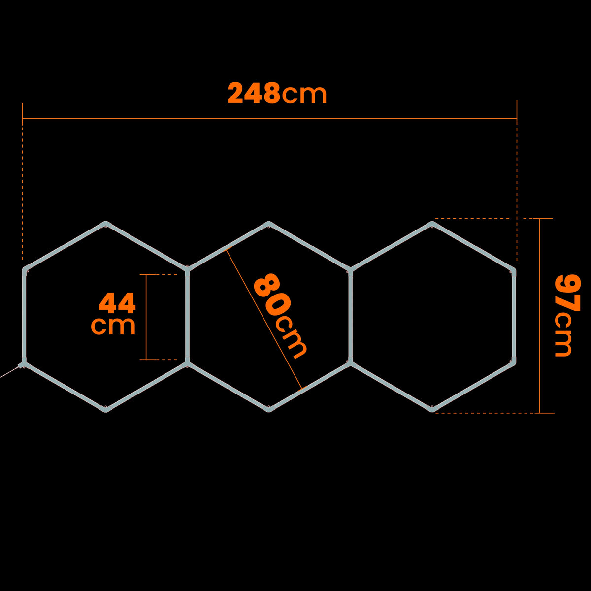 LED HEXAGON osvětlení do garáže 128 W, 248 × 97 cm