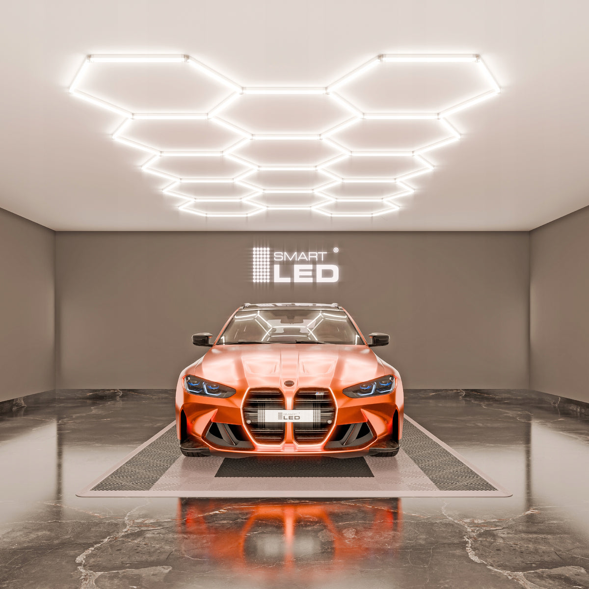 LED HEXAGON osvětlení do garáže 570 W, 522 × 298 cm, stmívatelné