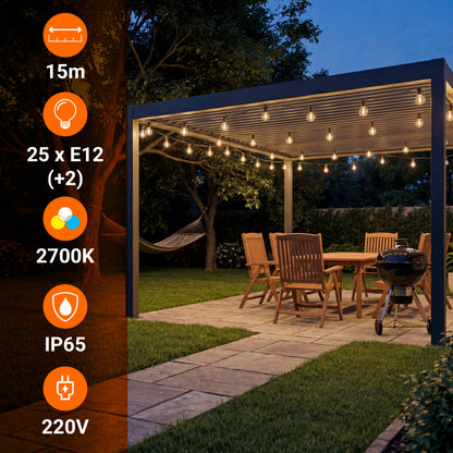 Venkovní LED světelný řetěz E12 1 W, 15 m