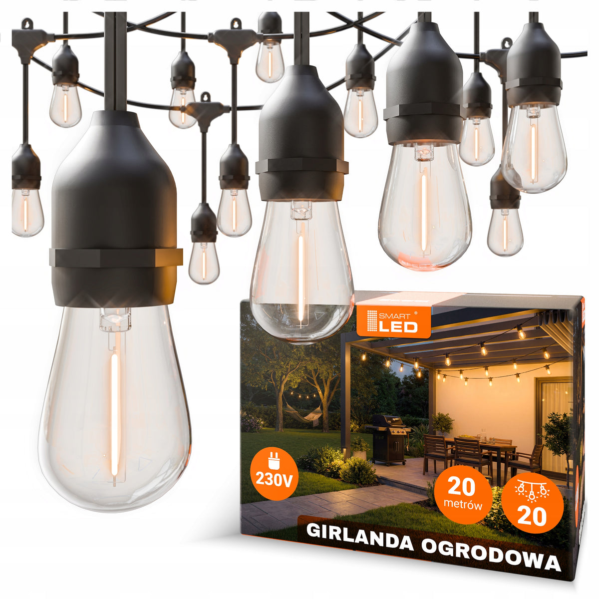 Venkovní LED světelný řetěz E27 20 m