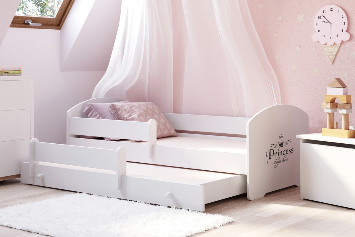 Dětská postel se dvěma lůžky LUK 160 × 80 cm s úložným šuplíkem a ochrannou zábranou – motiv princezna