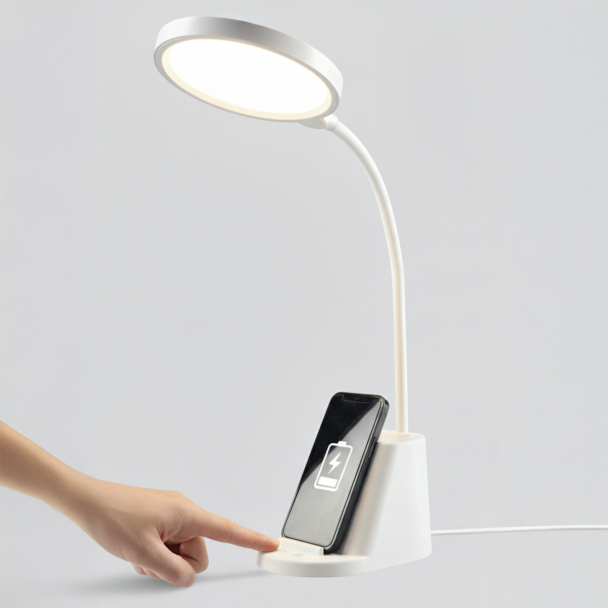 LED stolní lampa, s bezdrátovým nabíjením, s dotykovým ovládáním, nastavitelná, 3 režimy barvy světla, s organizérem