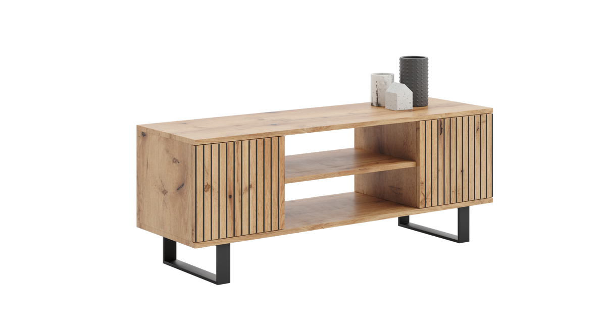 TV stolek FOCUS 155 cm – dub Craft zlatý, loftový styl, lamelový dekor