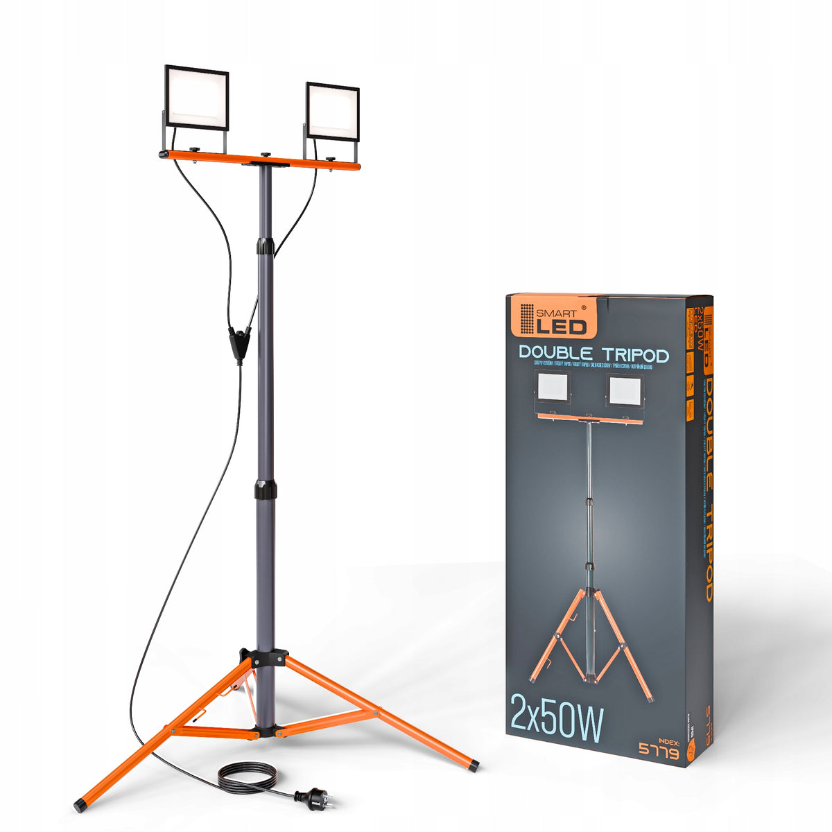 LED pracovní reflektor na stativu 2 × 50 W, 2 × 5500 lm, 4500 K, IP65, 14 × 11,5 cm