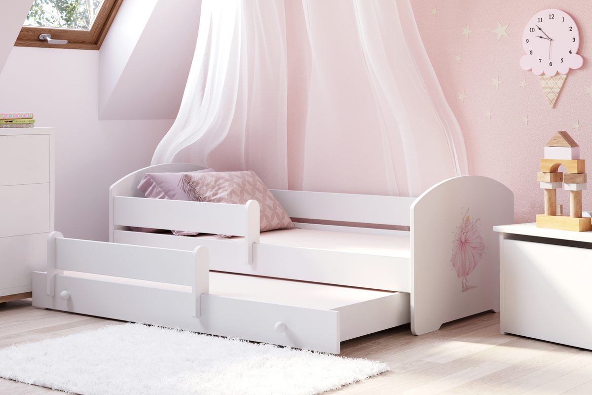 Dětská postel se dvěma lůžky LUK 160 × 80 cm s úložným šuplíkem a ochrannou zábranou – motiv princezna s korunkou