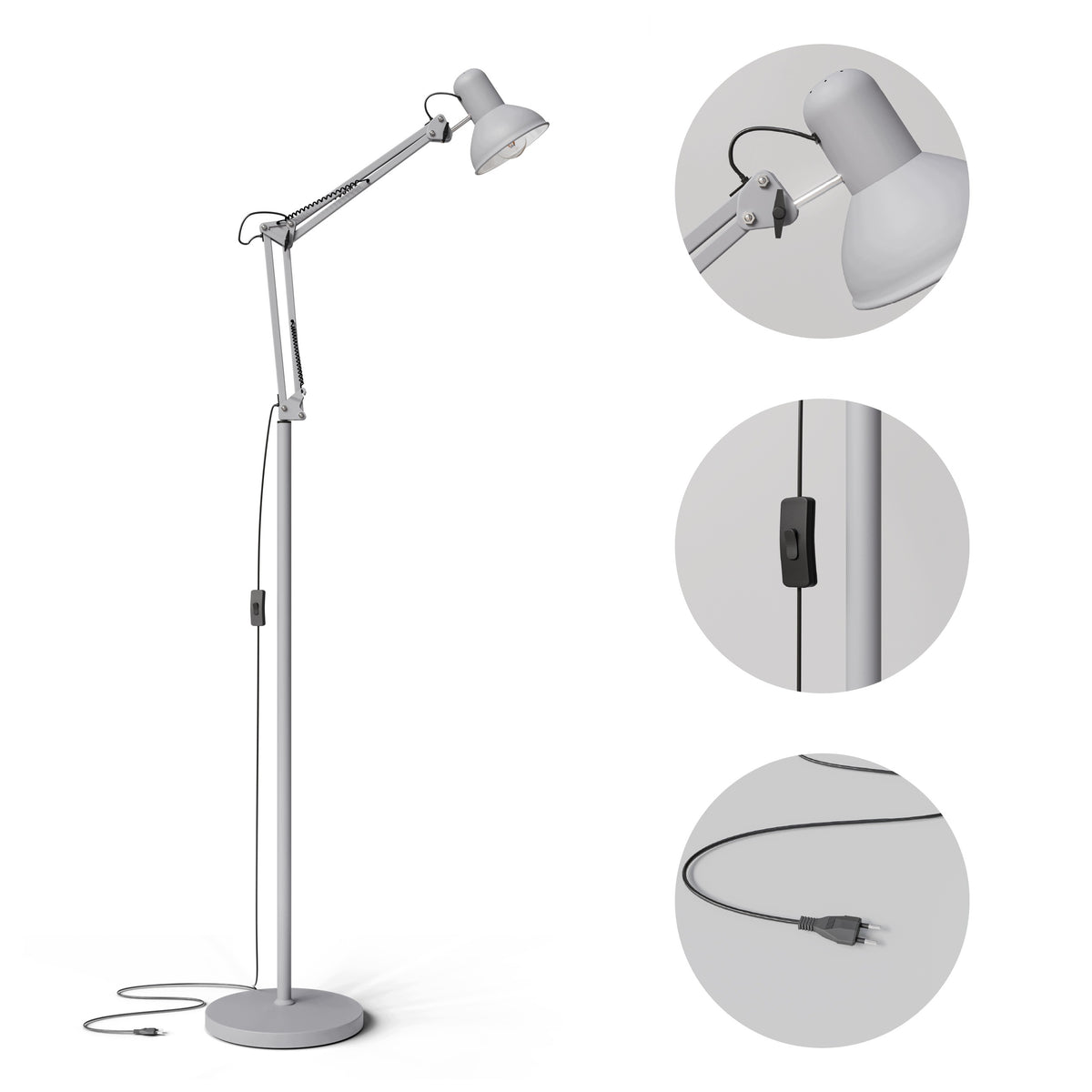 Šedá stojací lampa E27 190 cm, nastavitelná