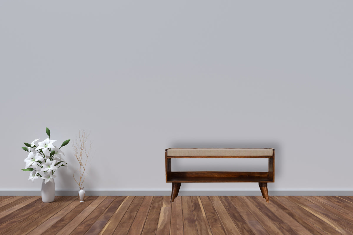 Lavice na boty z masivního mangového dřeva s lněným sedákem, 90 × 34 × 45 cm