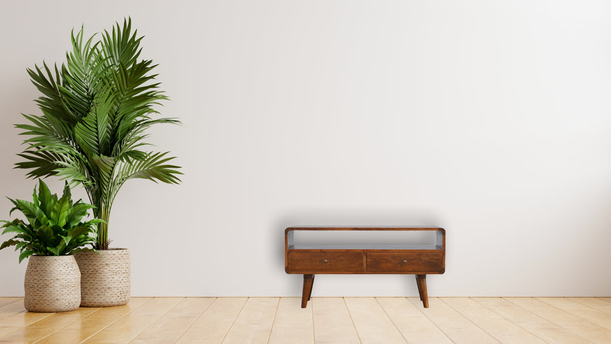 TV stolek v kaštanovém odstínu se zaoblenými liniemi, 90 × 35 × 47 cm