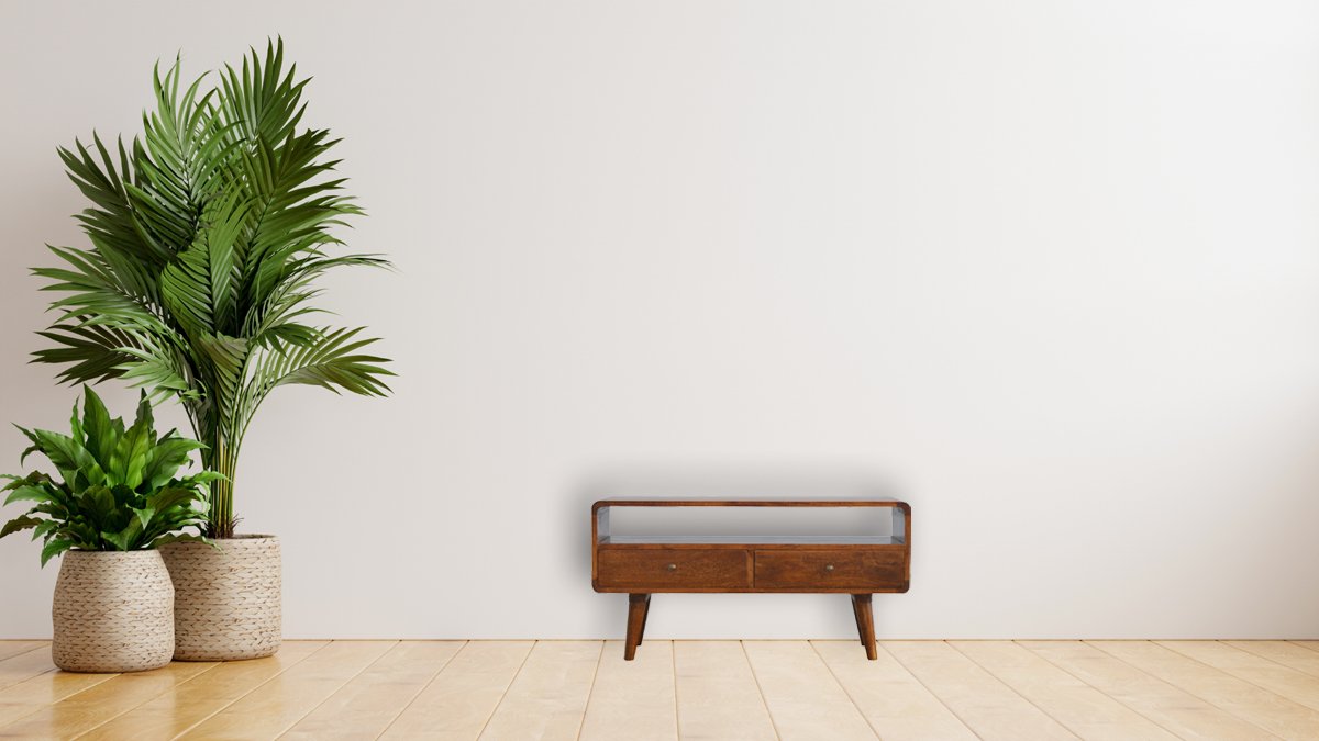 TV stolek v kaštanovém odstínu se zaoblenými liniemi, 90 × 35 × 47 cm