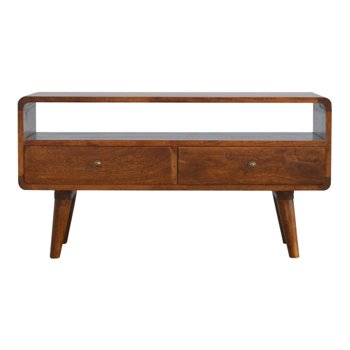 TV stolek v kaštanovém odstínu se zaoblenými liniemi, 90 × 35 × 47 cm