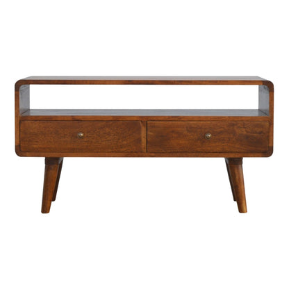 TV stolek v kaštanovém odstínu se zaoblenými liniemi, 90 × 35 × 47 cm
