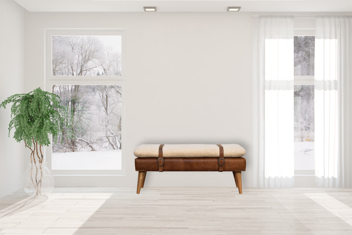 Lavice s čalounením bouclé z masivního mangového dřeva, 90 × 35 × 40 cm