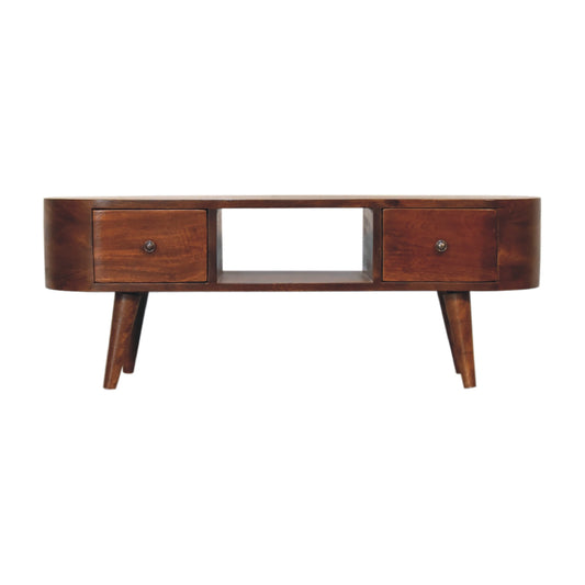 TV stolek v kaštanovém odstínu se zaoblenými liniemi, 100 × 30 × 37 cm