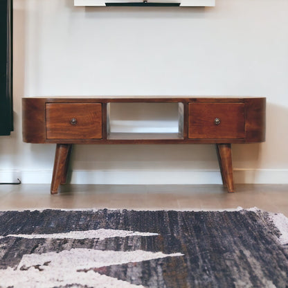 TV stolek v kaštanovém odstínu se zaoblenými liniemi, 100 × 30 × 37 cm