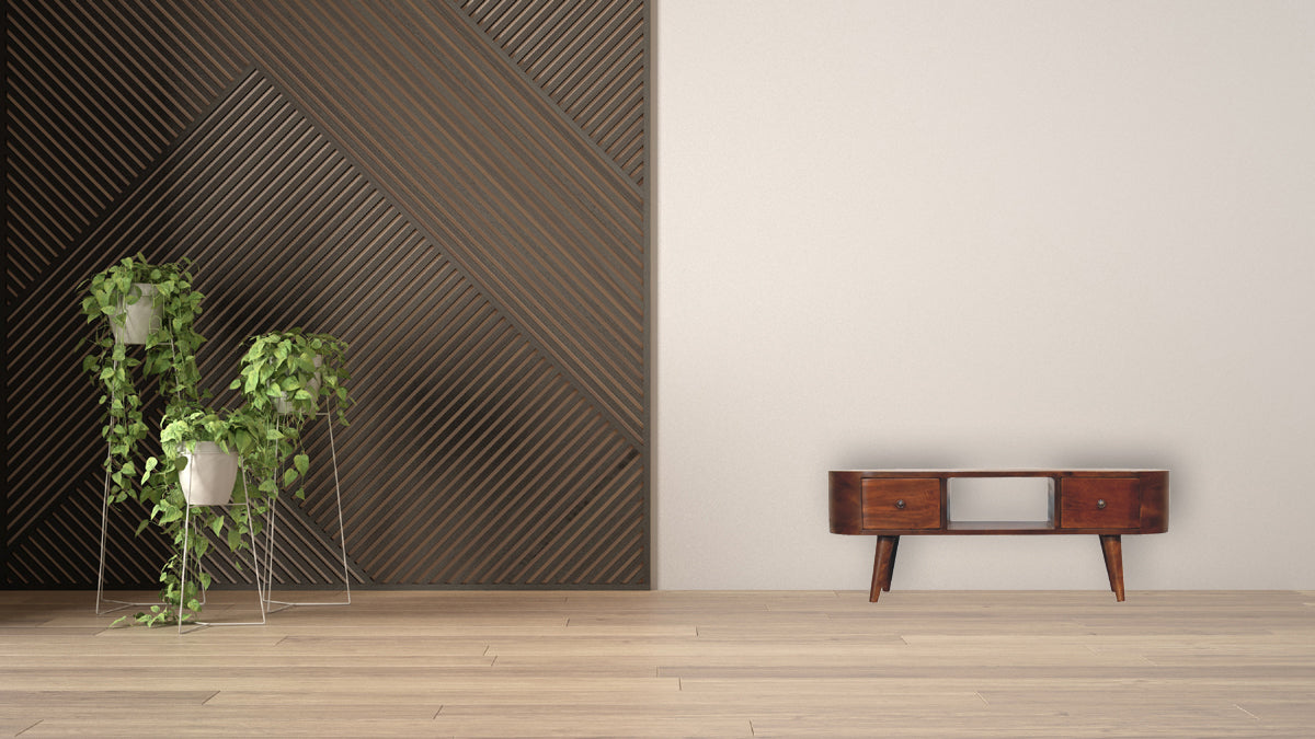TV stolek v kaštanovém odstínu se zaoblenými liniemi, 100 × 30 × 37 cm