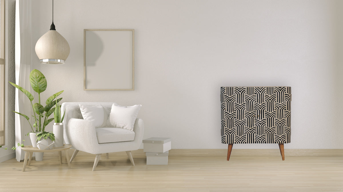 Skříňka Edessa s kostěnou intarzií z masivního mangového dřeva, 75 × 35 × 80 cm