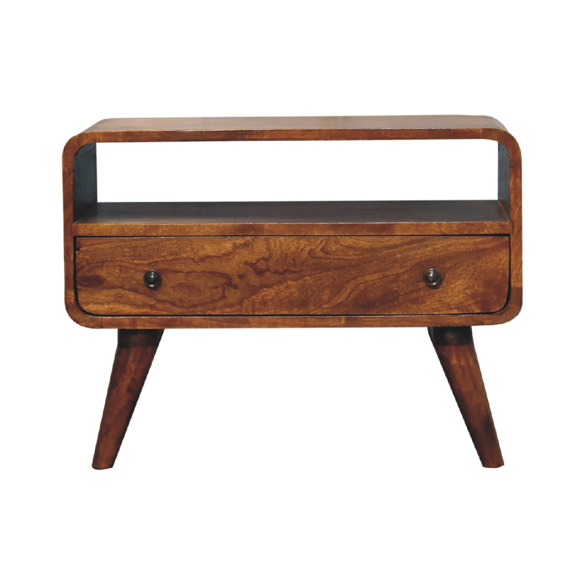 Mini TV stolek v kaštanovém odstínu se zaoblenými liniemi, 60 × 30 × 45 cm