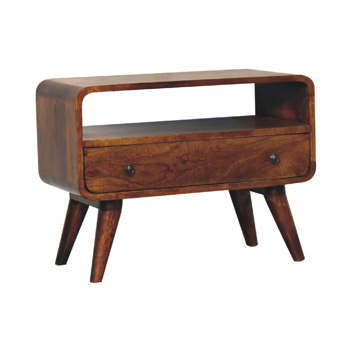 Mini TV stolek v kaštanovém odstínu se zaoblenými liniemi, 60 × 30 × 45 cm