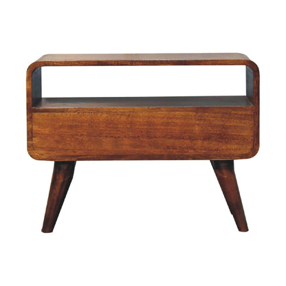 Mini TV stolek v kaštanovém odstínu se zaoblenými liniemi, 60 × 30 × 45 cm