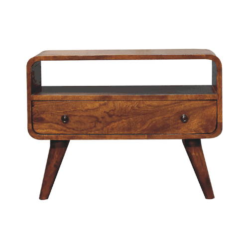 Mini TV stolek v kaštanovém odstínu se zaoblenými liniemi, 60 × 30 × 45 cm