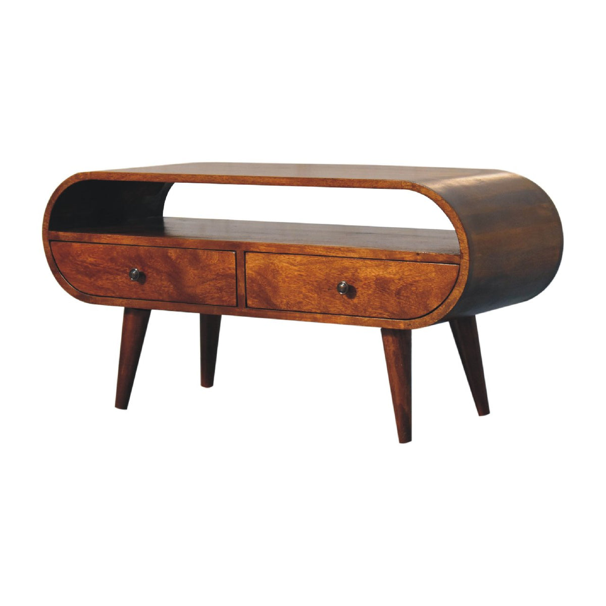 TV stolek v kaštanovém odstínu kulatého tvaru s velkou policí, 90 × 35 × 45 cm