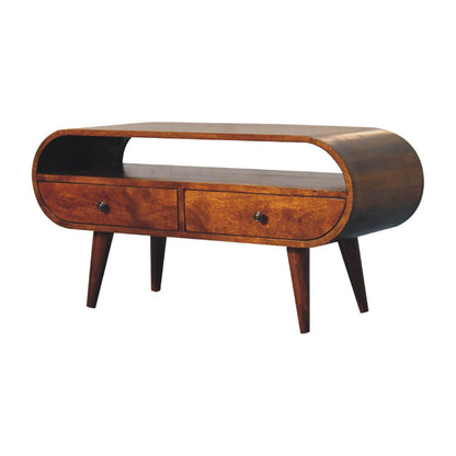 TV stolek v kaštanovém odstínu kulatého tvaru s velkou policí, 90 × 35 × 45 cm
