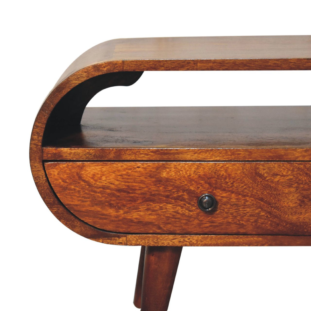 TV stolek v kaštanovém odstínu kulatého tvaru s velkou policí, 90 × 35 × 45 cm