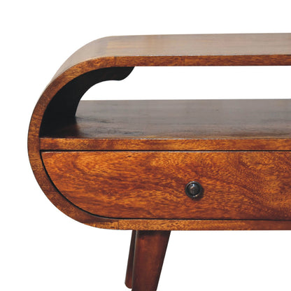 TV stolek v kaštanovém odstínu kulatého tvaru s velkou policí, 90 × 35 × 45 cm
