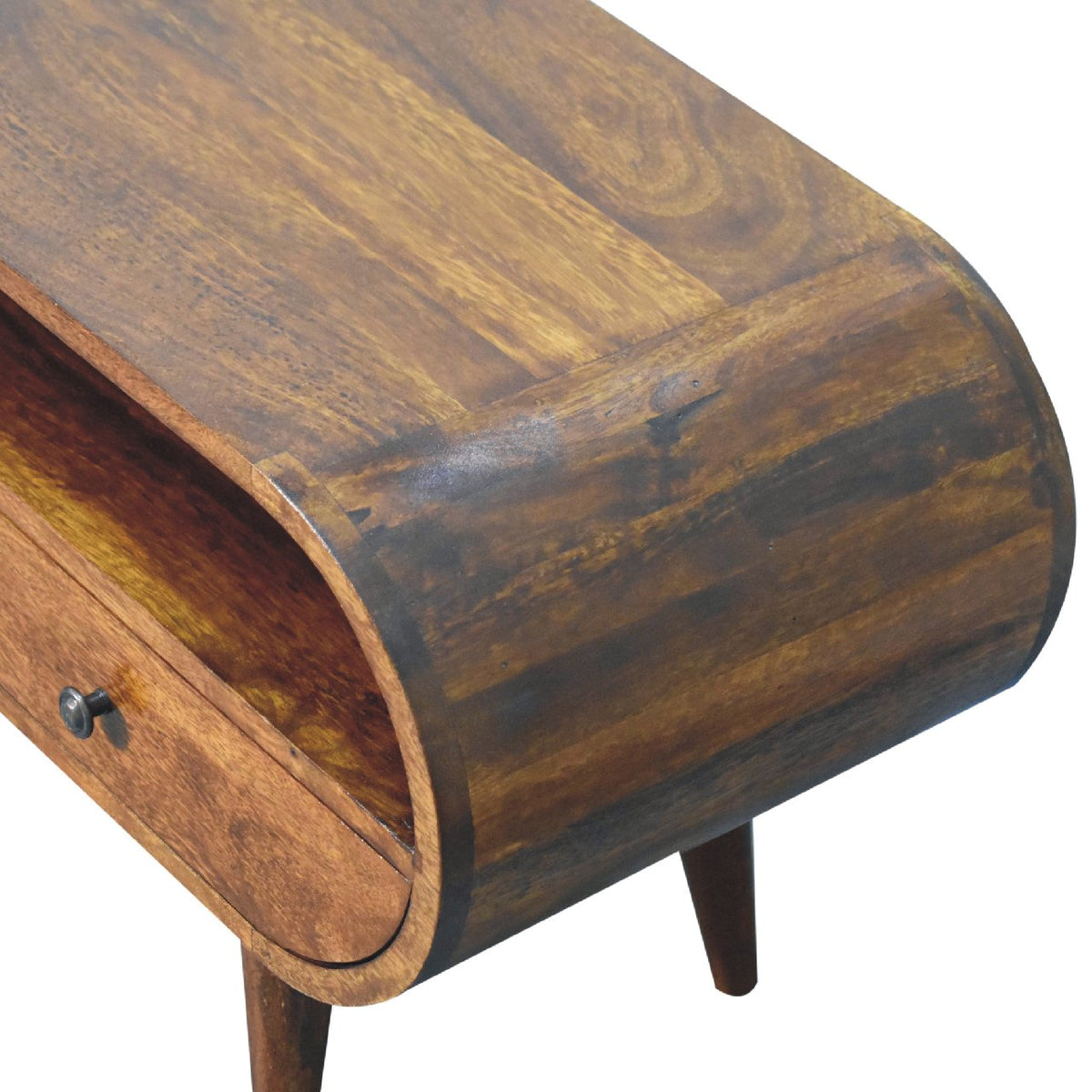 TV stolek v kaštanovém odstínu kulatého tvaru s velkou policí, 90 × 35 × 45 cm