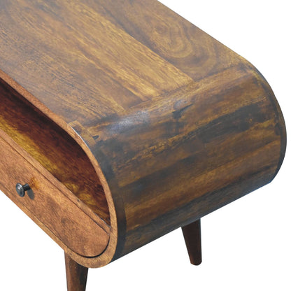 TV stolek v kaštanovém odstínu kulatého tvaru s velkou policí, 90 × 35 × 45 cm