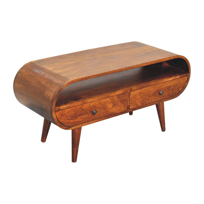 TV stolek v kaštanovém odstínu kulatého tvaru s velkou policí, 90 × 35 × 45 cm