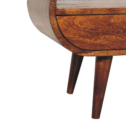 TV stolek v kaštanovém odstínu kulatého tvaru s velkou policí, 90 × 35 × 45 cm