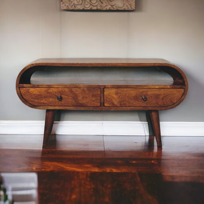 TV stolek v kaštanovém odstínu kulatého tvaru s velkou policí, 90 × 35 × 45 cm