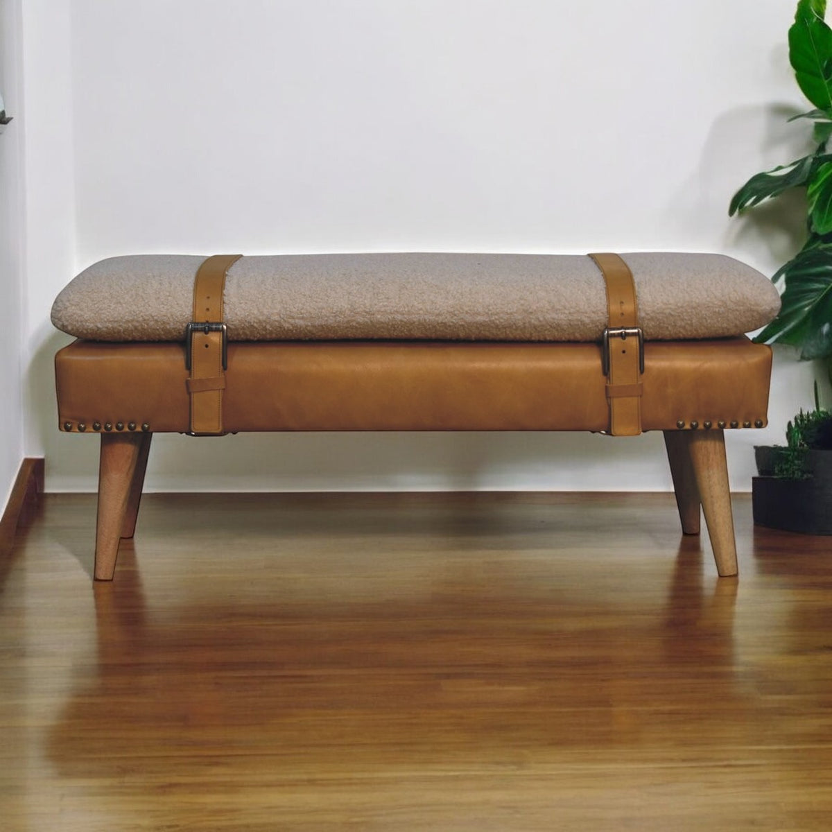 Lavice s čalouněním bouclé z masivního mangového dřeva, 90 × 35 × 40 cm
