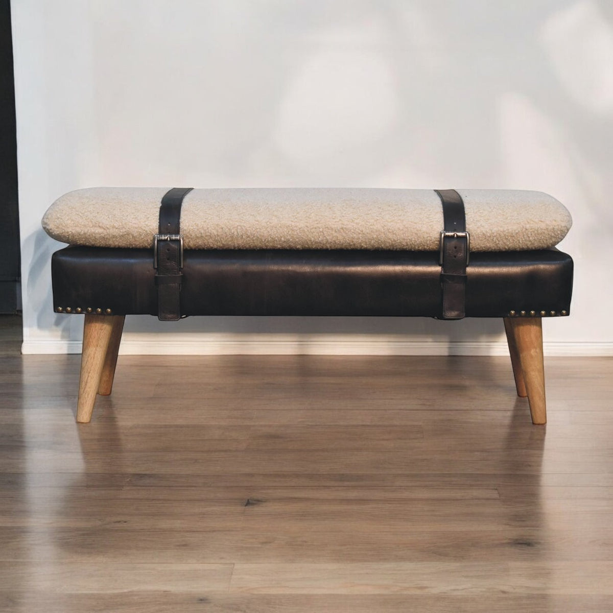 Lavice s čalouněním bouclé z masivního mangového dřeva, 90 × 35 × 40 cm