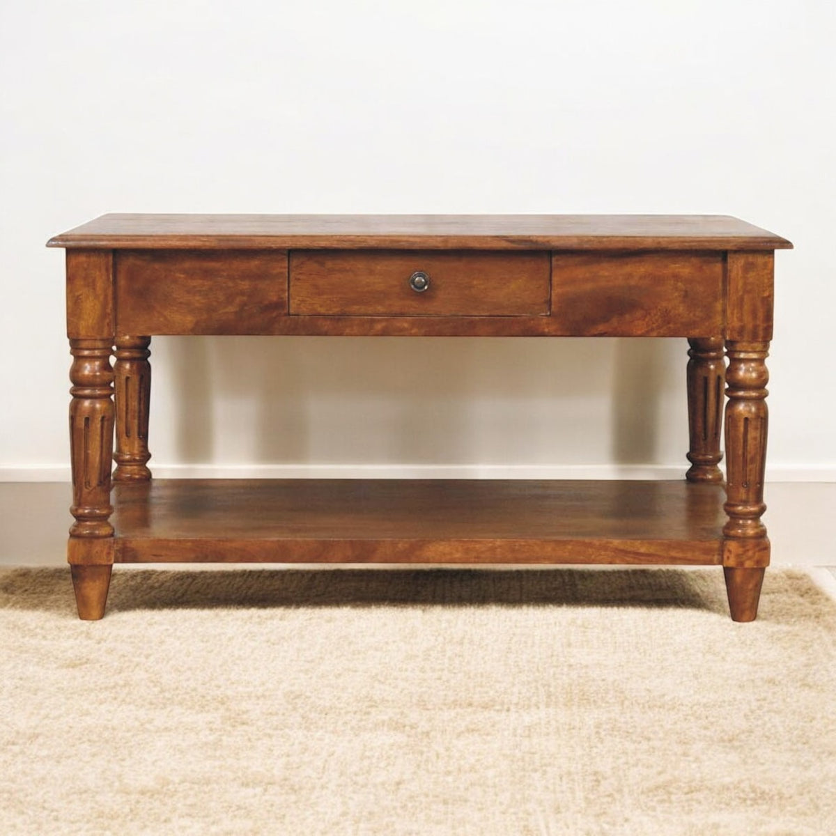 Konferenční stolek v kaštanovém odstínu s 2 zásuvkami, 85 × 55 × 45 cm