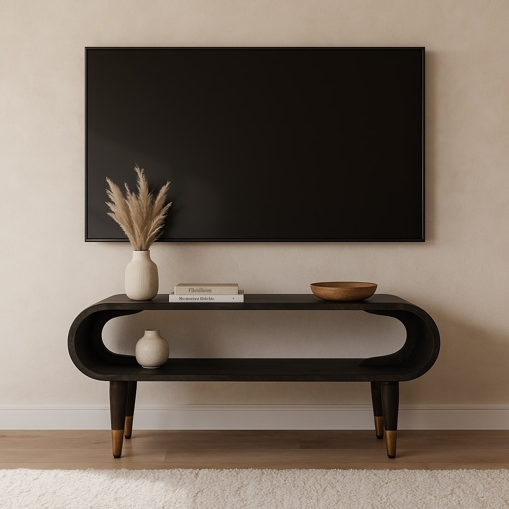 TV stolek se zaoblenými liniemi a mosaznými prvky, 90 × 35 × 42 cm