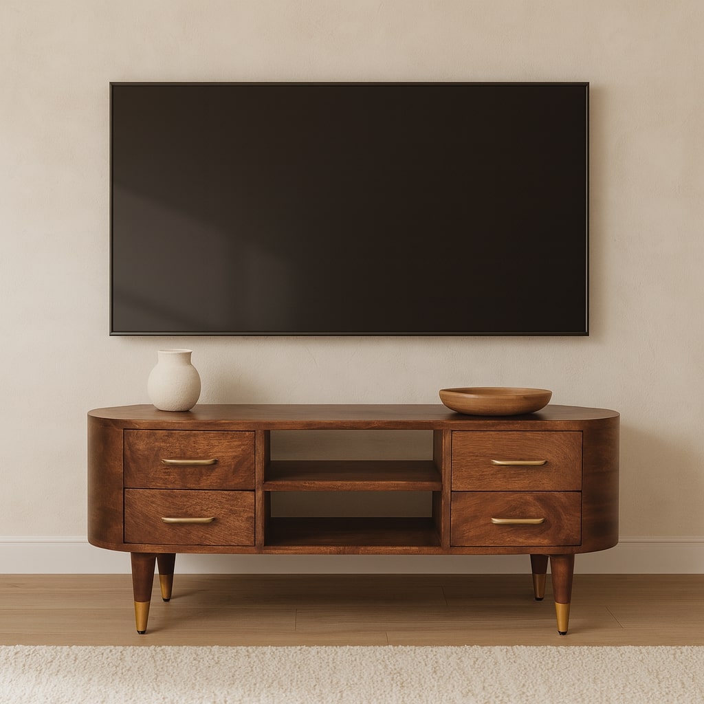 TV stolek Valenza s 2 zásuvkami z masivního mangového dřeva, 110 × 35 × 48 cm