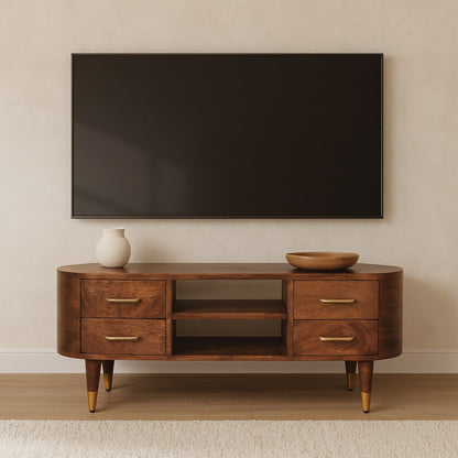 TV stolek Valenza s 2 zásuvkami z masivního mangového dřeva, 110 × 35 × 48 cm
