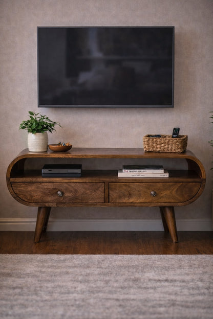 TV stolek se zaoblenými liniemi z masivního mangového dřeva, 90 × 35 × 45 cm