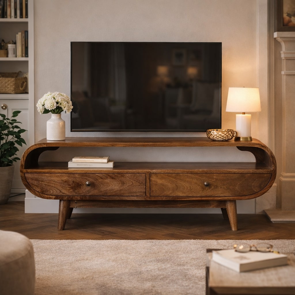 TV stolek se zaoblenými liniemi z masivního mangového dřeva, 90 × 35 × 45 cm