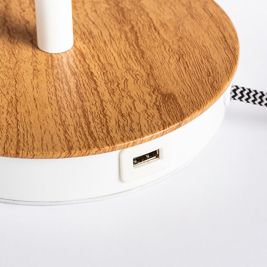 KEITH/RON 15/20 stolní s USB Polycotton bílá/buk 230V LED E27 15W