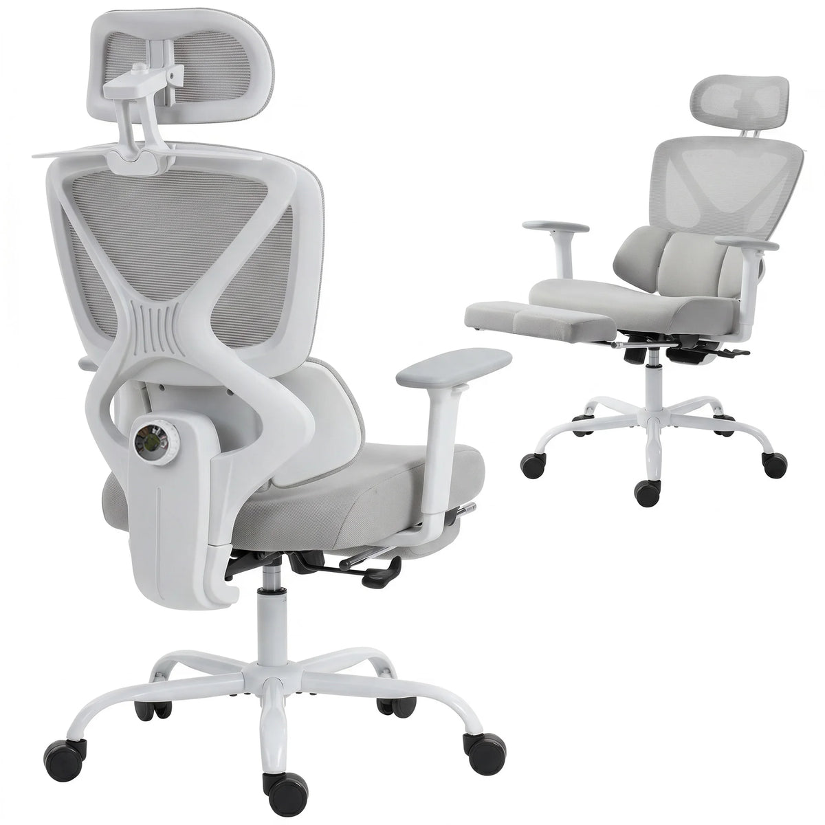 Ergonomická kancelářská židle s dynamickou bederní oporou, šedá síťovaná, s opěrkou hlavy – dva pohledy