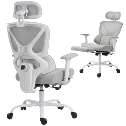 Ergonomická kancelářská židle s dynamickou bederní oporou, šedá síťovaná, s opěrkou hlavy – dva pohledy
