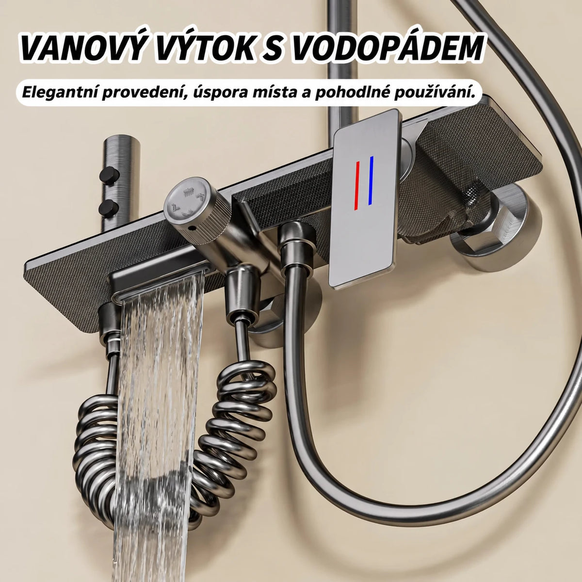 Černý sprchový set s vanovým výtokem a vodopádem